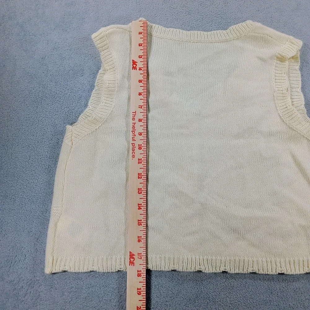 Womens Floral Embroidered Button Front Knit Vest Cream Medium Boho